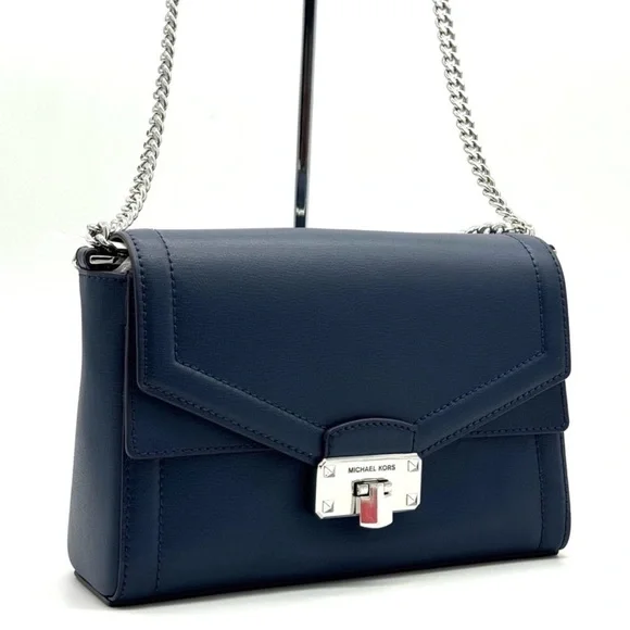 Michael Kors Kinsley leather Medium Shoulder Flap Crossbody Bag Navy Blue - Picture 3 of 9